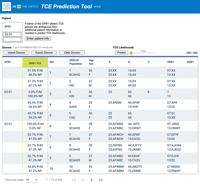 A TCE (T-Cell Epitope) Prediction Tool screenshot where users provide patient HLA typing (HLA-DPB1*02:01+HLA-DPB1*02:01) and an exported donor list (from the NMDP's MatchSource® matching platform) with HLA typing and population codes as inputs